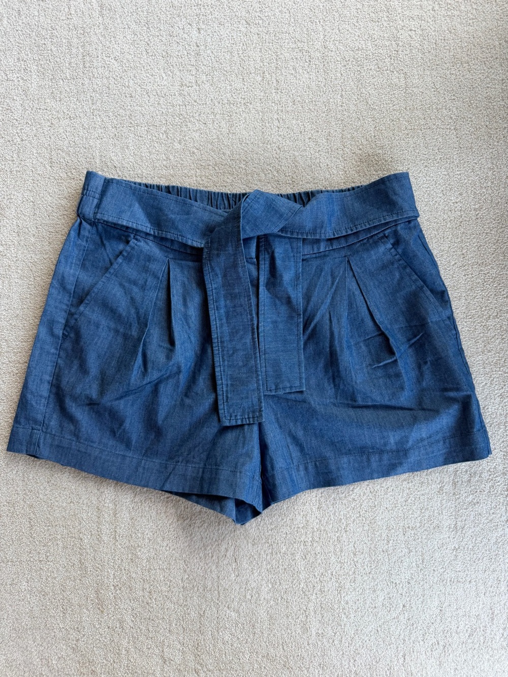 J Crew Womens Size 6 Chambray Shorts Blue Paperbag Waist Tie Belt Cotton